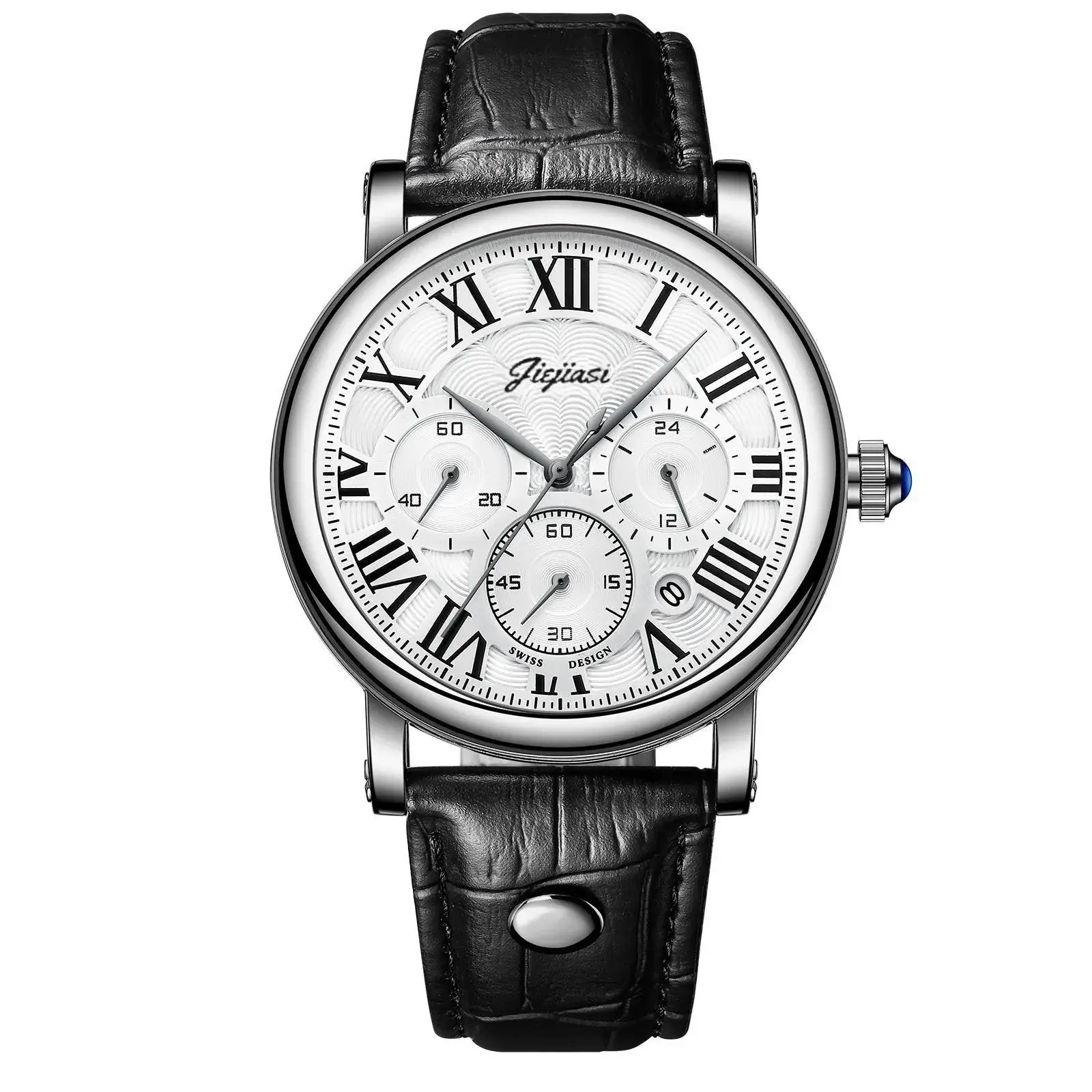 Jiejias Waterproof Luminous Calendar Men's Watch Black Leather Strap - Image 3