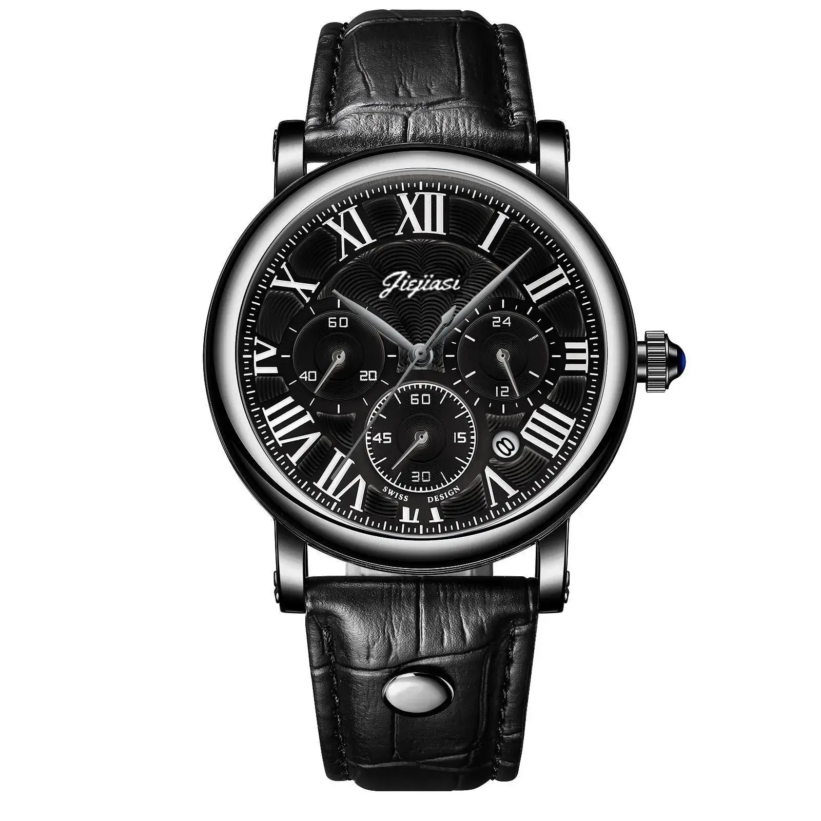 Jiejias Waterproof Luminous Calendar Men's Watch Black Leather Strap - Image 4