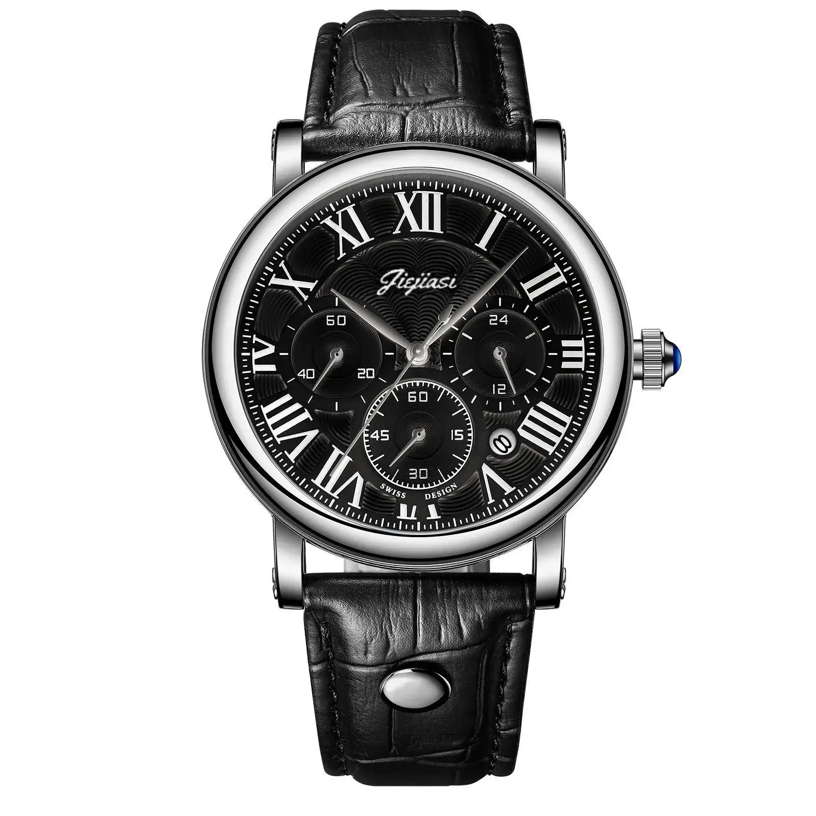 Jiejias Waterproof Luminous Calendar Men's Watch Black Leather Strap - Image 5