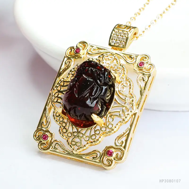 Guan Yu Natural Amber Pendant Purifying Blood Amber Pixiu Square Necklace - Image 4