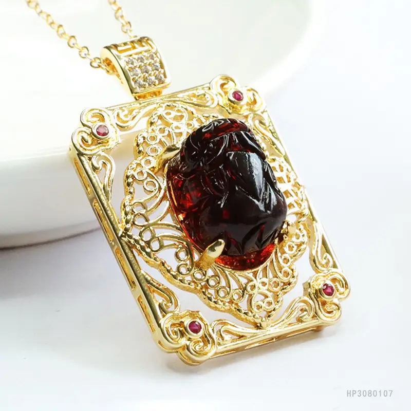 Guan Yu Natural Amber Pendant Purifying Blood Amber Pixiu Square Necklace - Image 5
