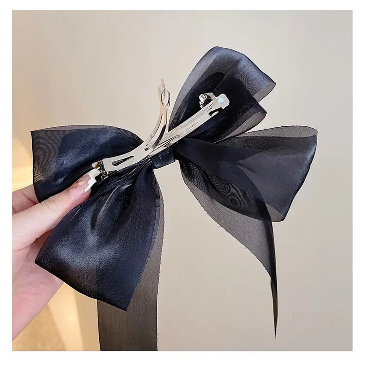 Pink & Black Silk Mesh Hairpin with Spring Clip — feature 13