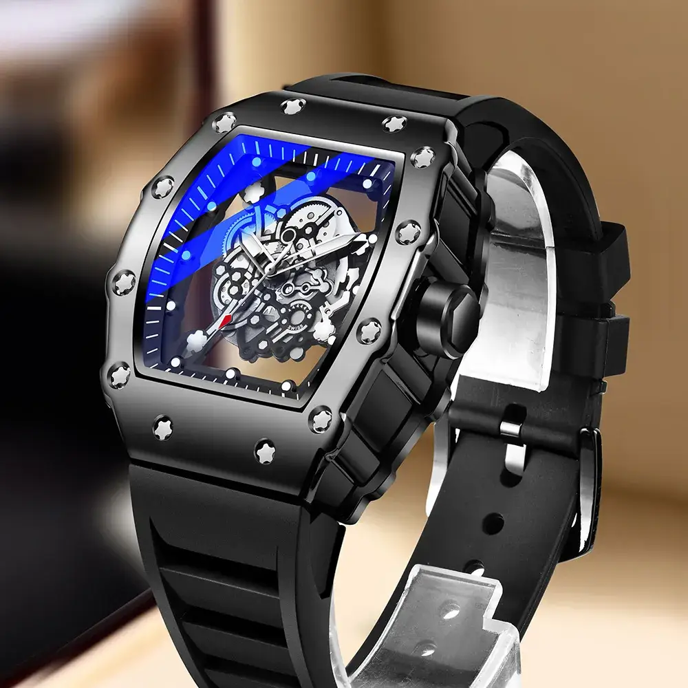 Black Mechanical Watch with Blue LED Dial for Men - Image 2