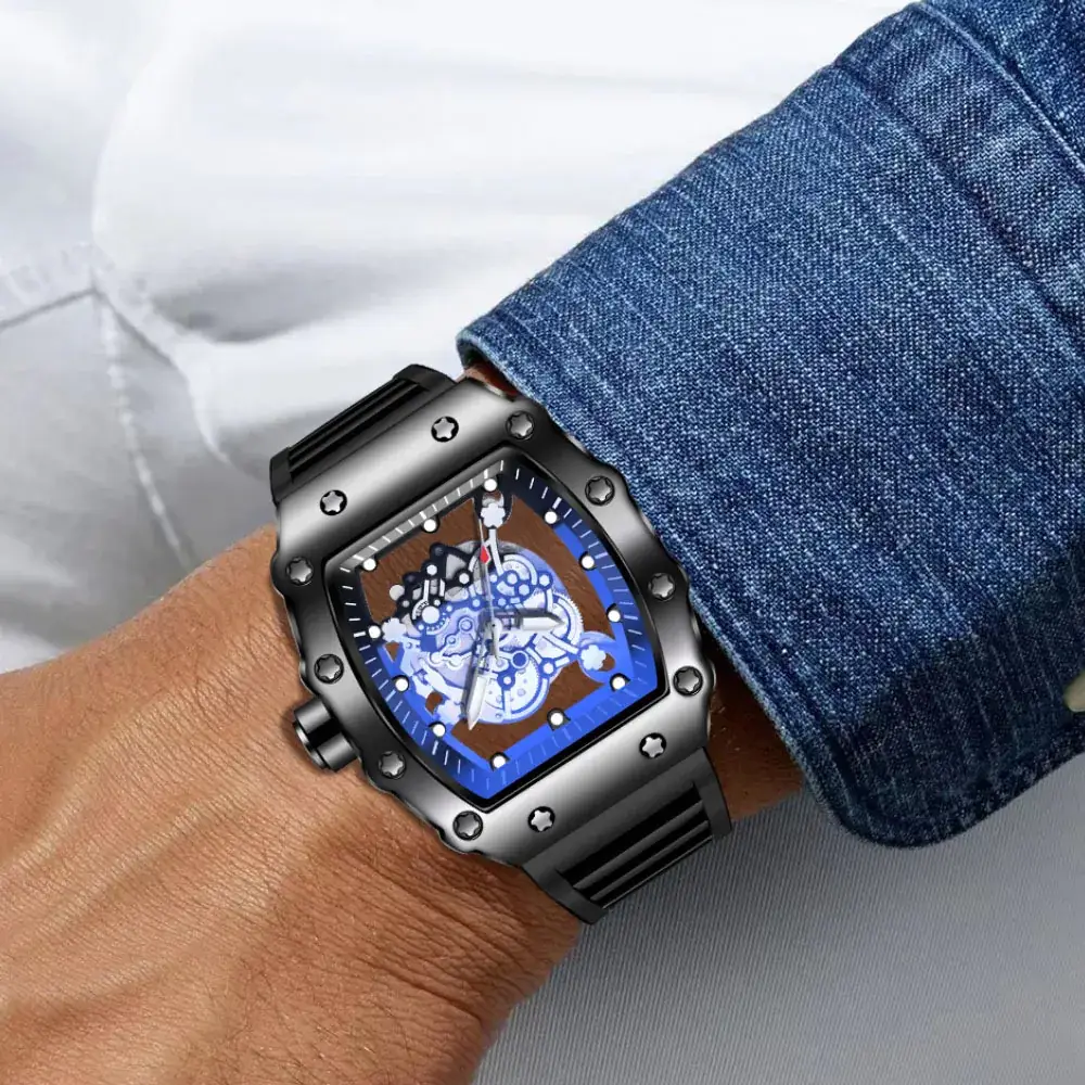 Black Mechanical Watch with Blue LED Dial for Men - Image 3