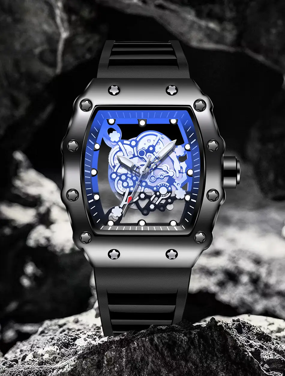 Black Mechanical Watch with Blue LED Dial for Men — feature 1