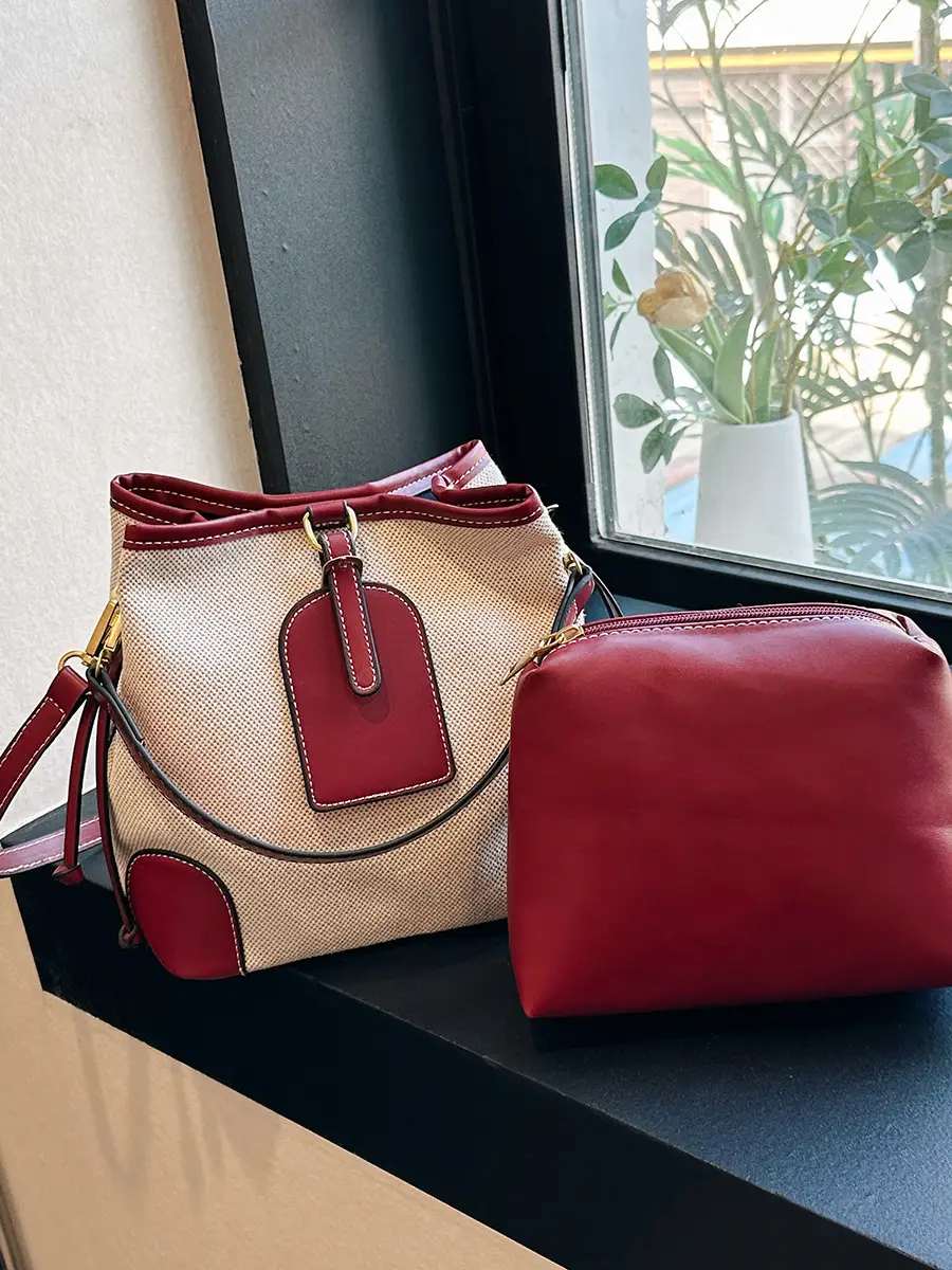 Women Canvas Bucket Bag Red Patchwork Tote - Image 7