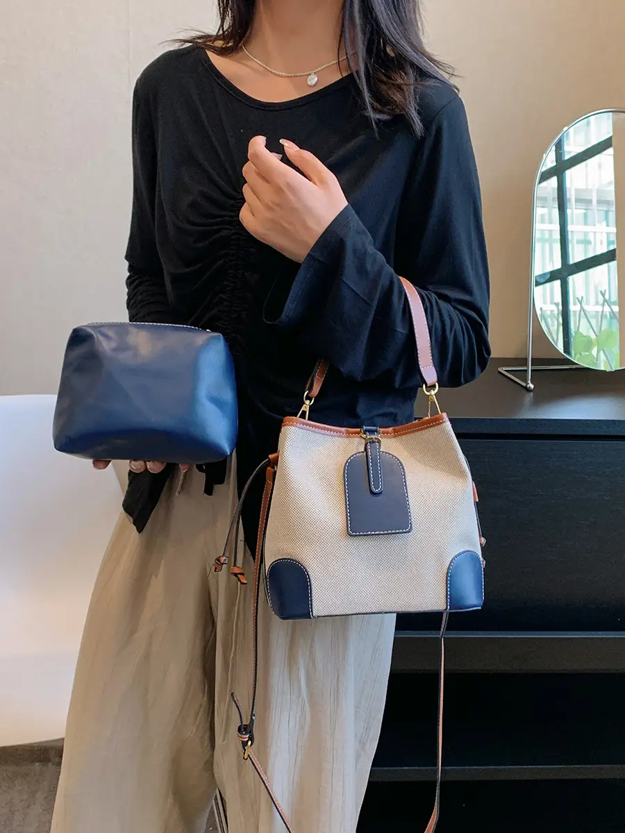 Women Canvas Bucket Bag Red Patchwork Tote - Image 9