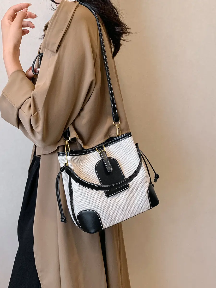 Women Canvas Bucket Bag Red Patchwork Tote - Image 10