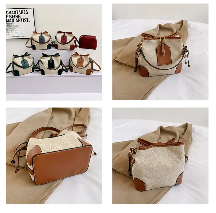 Women Canvas Bucket Bag Red Patchwork Tote — feature 10