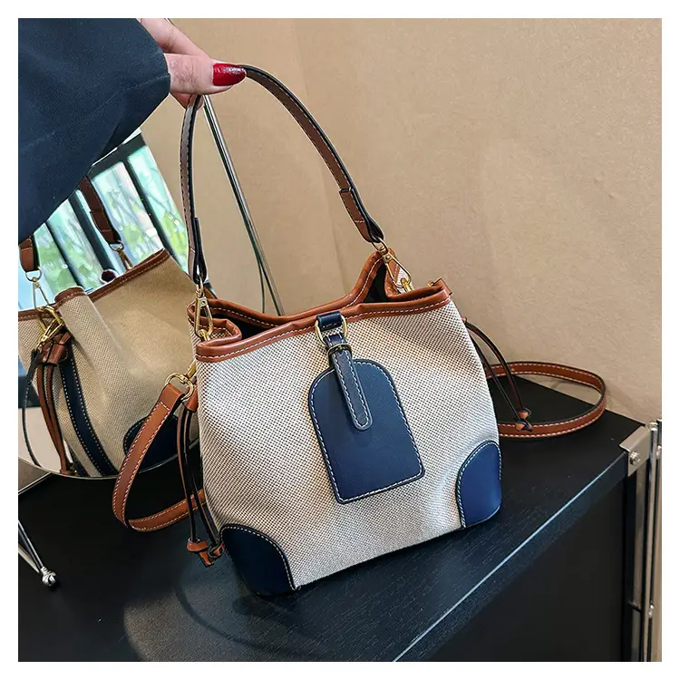 Women Canvas Bucket Bag Red Patchwork Tote — feature 16