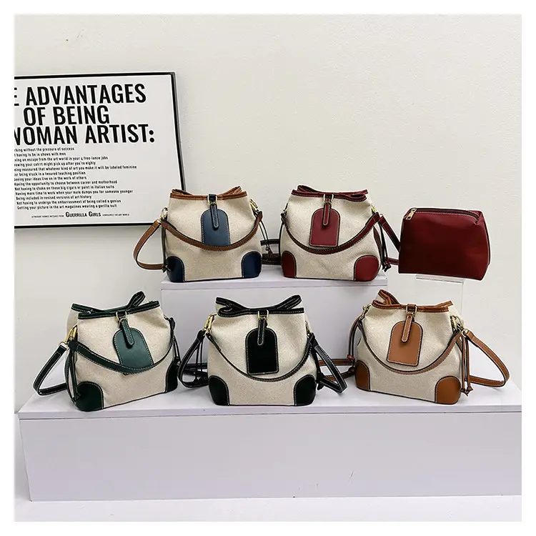 Women Canvas Bucket Bag Red Patchwork Tote — feature 2