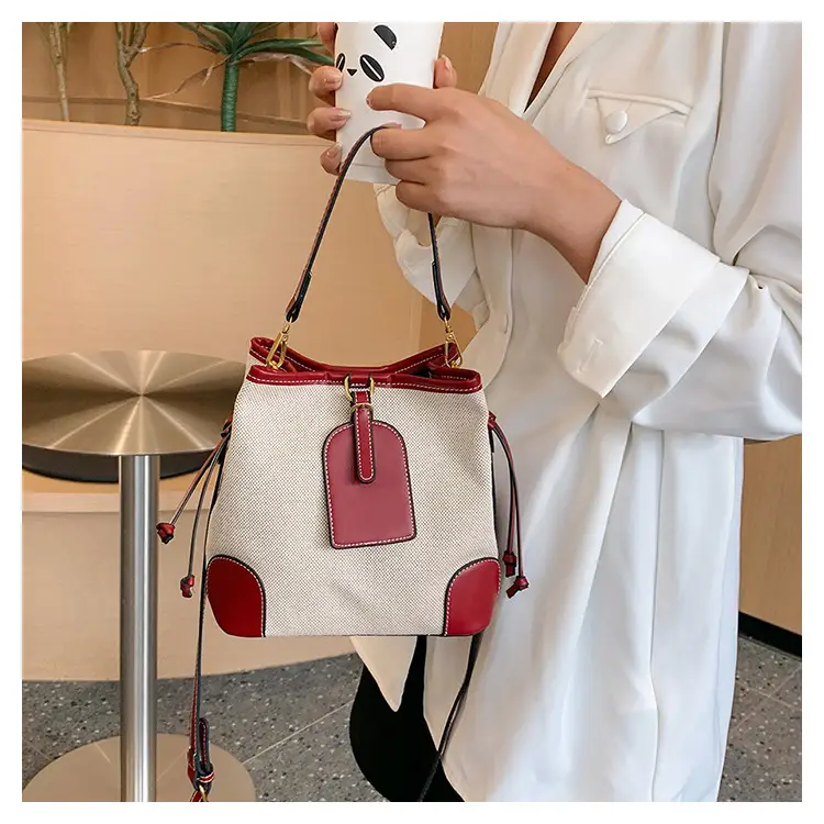 Women Canvas Bucket Bag Red Patchwork Tote — feature 20