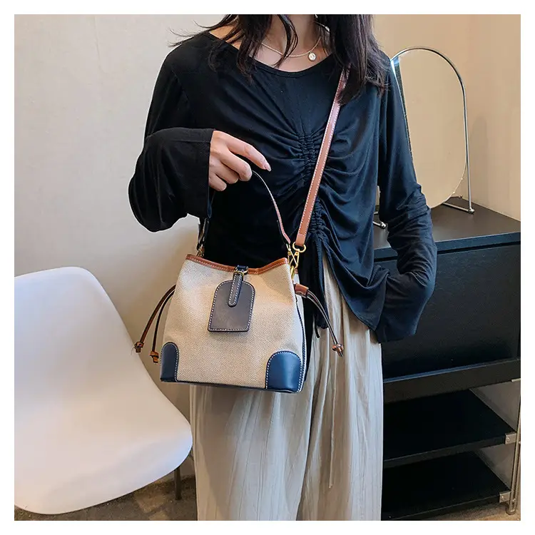 Women Canvas Bucket Bag Red Patchwork Tote — feature 21