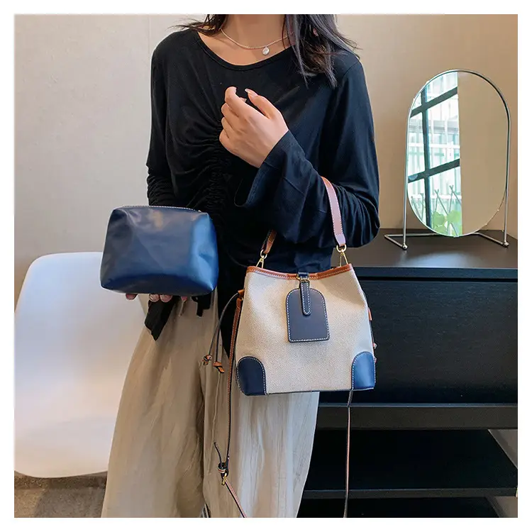 Women Canvas Bucket Bag Red Patchwork Tote — feature 22