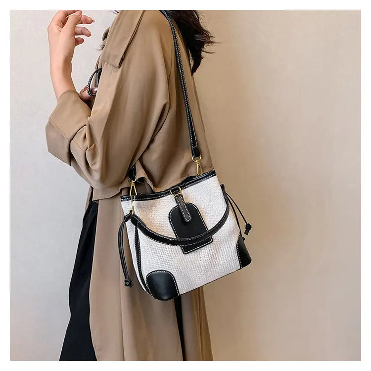 Women Canvas Bucket Bag Red Patchwork Tote — feature 24
