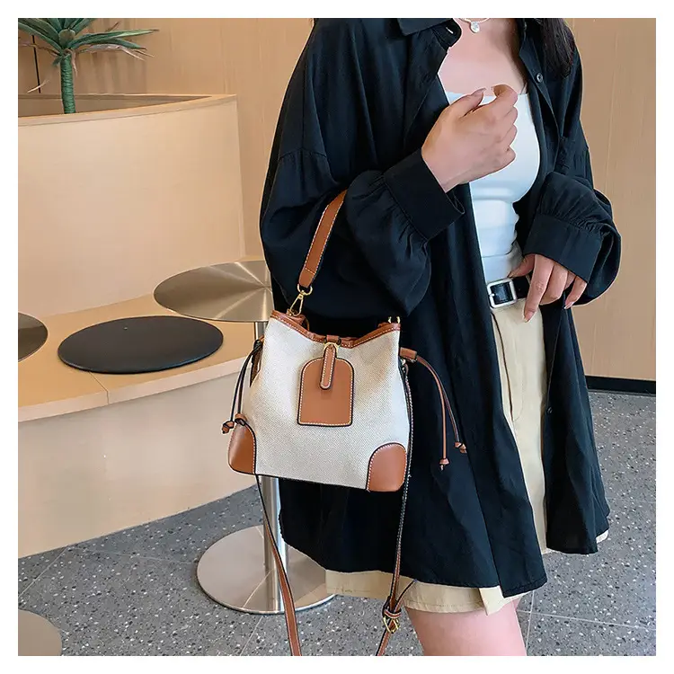 Women Canvas Bucket Bag Red Patchwork Tote — feature 25
