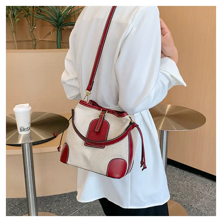 Women Canvas Bucket Bag Red Patchwork Tote — feature 27