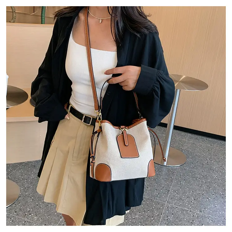 Women Canvas Bucket Bag Red Patchwork Tote — feature 28
