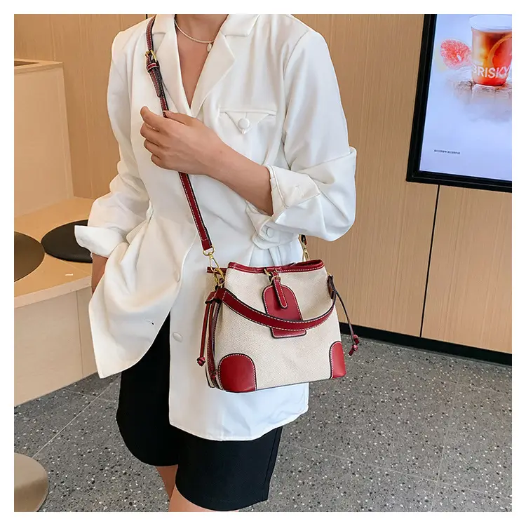 Women Canvas Bucket Bag Red Patchwork Tote — feature 29