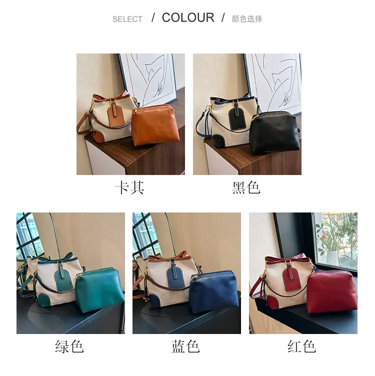 Women Canvas Bucket Bag Red Patchwork Tote — feature 3