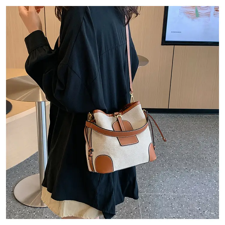 Women Canvas Bucket Bag Red Patchwork Tote — feature 31