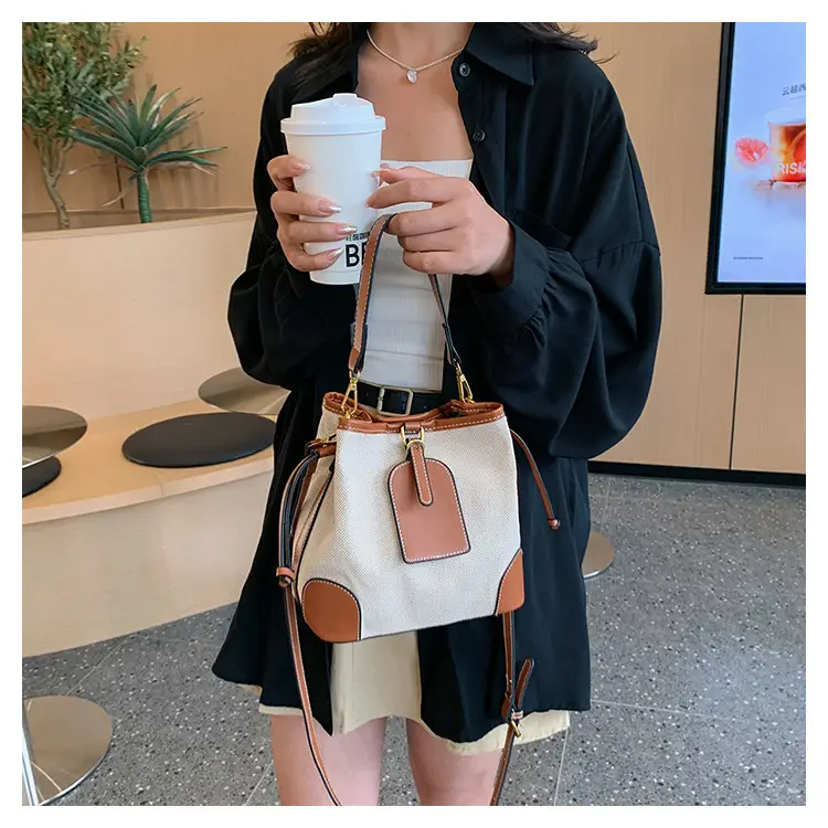 Women Canvas Bucket Bag Red Patchwork Tote — feature 33