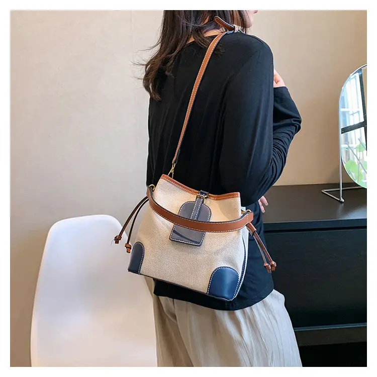 Women Canvas Bucket Bag Red Patchwork Tote — feature 37