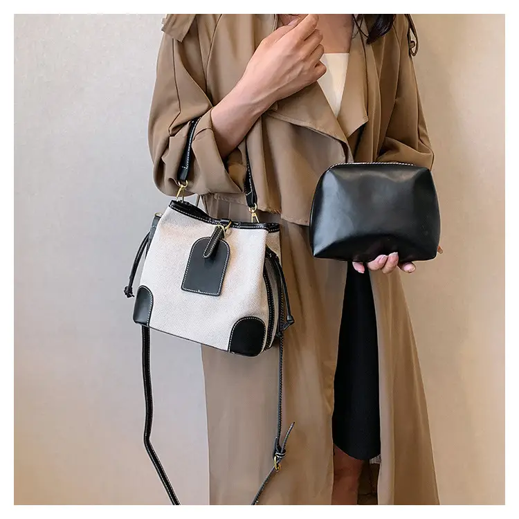 Women Canvas Bucket Bag Red Patchwork Tote — feature 38