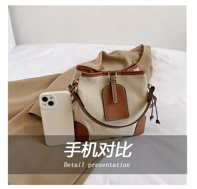 Women Canvas Bucket Bag Red Patchwork Tote — feature 6