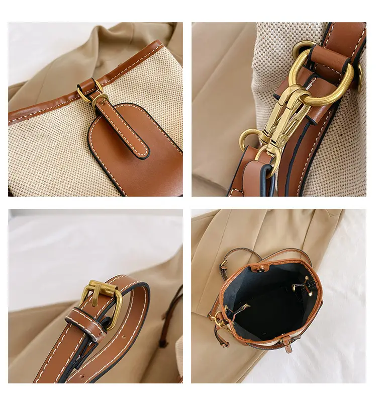 Women Canvas Bucket Bag Red Patchwork Tote — feature 9