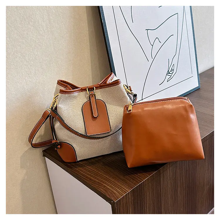 Women Canvas Bucket Bag Red Patchwork Tote - Image 2