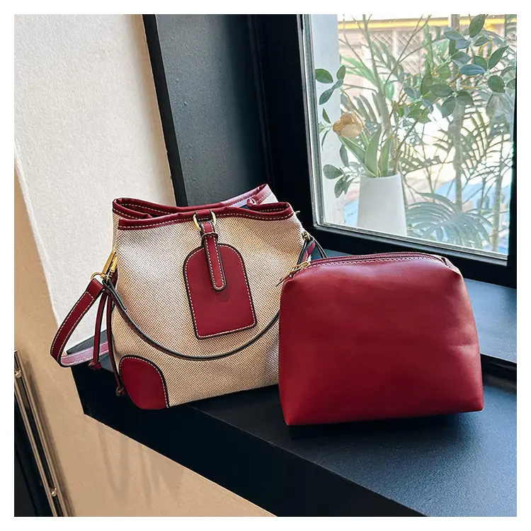 Women Canvas Bucket Bag Red Patchwork Tote - Image 3