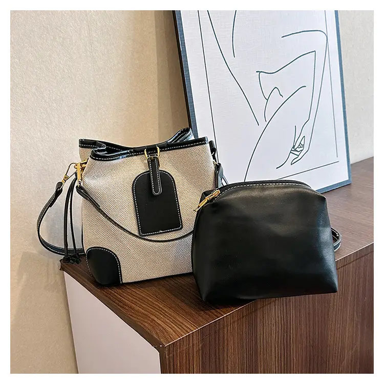 Women Canvas Bucket Bag Red Patchwork Tote - Image 4