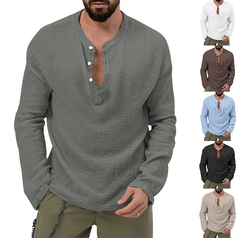 Men's Long Sleeve Button V-Neck T-Shirt Black - Image 7