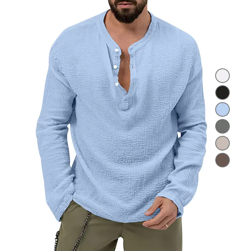 Men's Long Sleeve Button V-Neck T-Shirt Black - Image 8