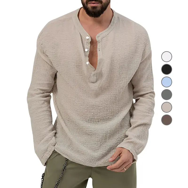 Men's Long Sleeve Button V-Neck T-Shirt Black - Image 9