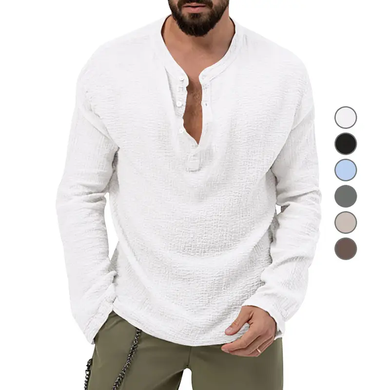 Men's Long Sleeve Button V-Neck T-Shirt Black - Image 11