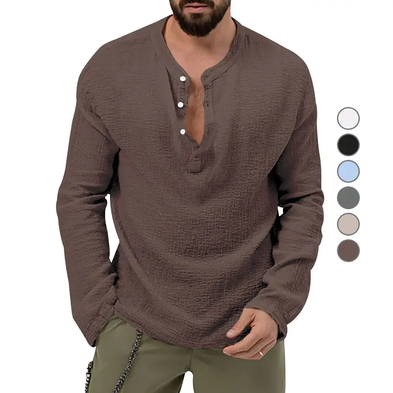 Men's Long Sleeve Button V-Neck T-Shirt Black — feature 12