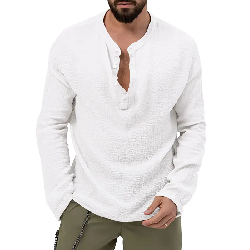 Men's Long Sleeve Button V-Neck T-Shirt Black — feature 13