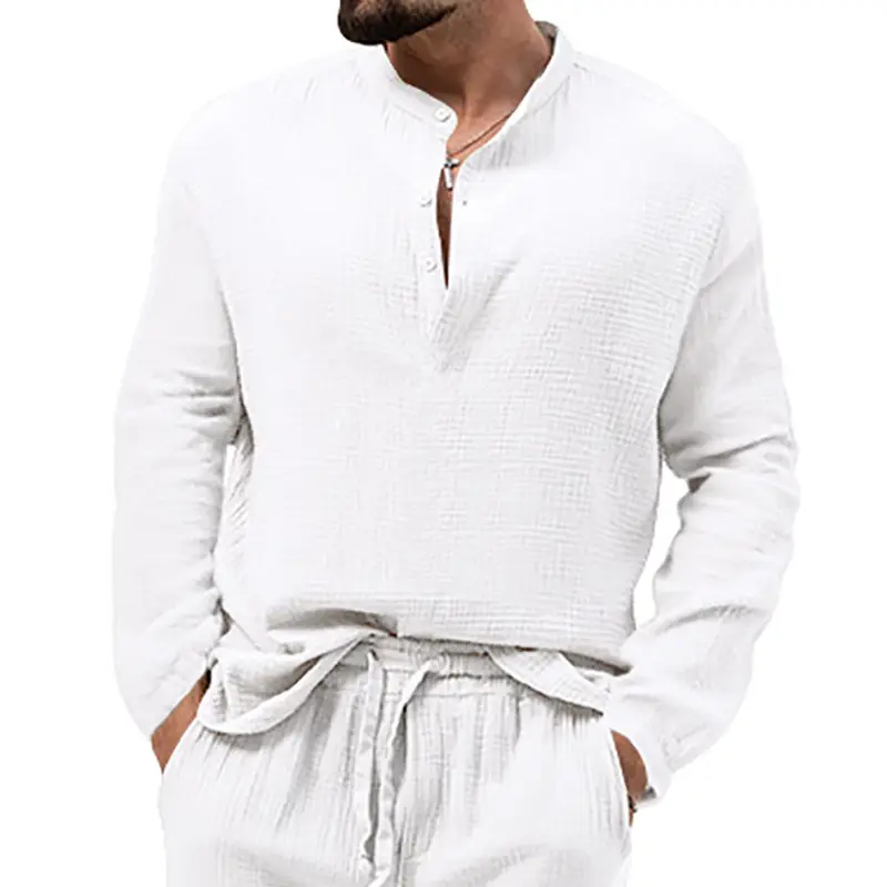 Men's Long Sleeve Button V-Neck T-Shirt Black — feature 16