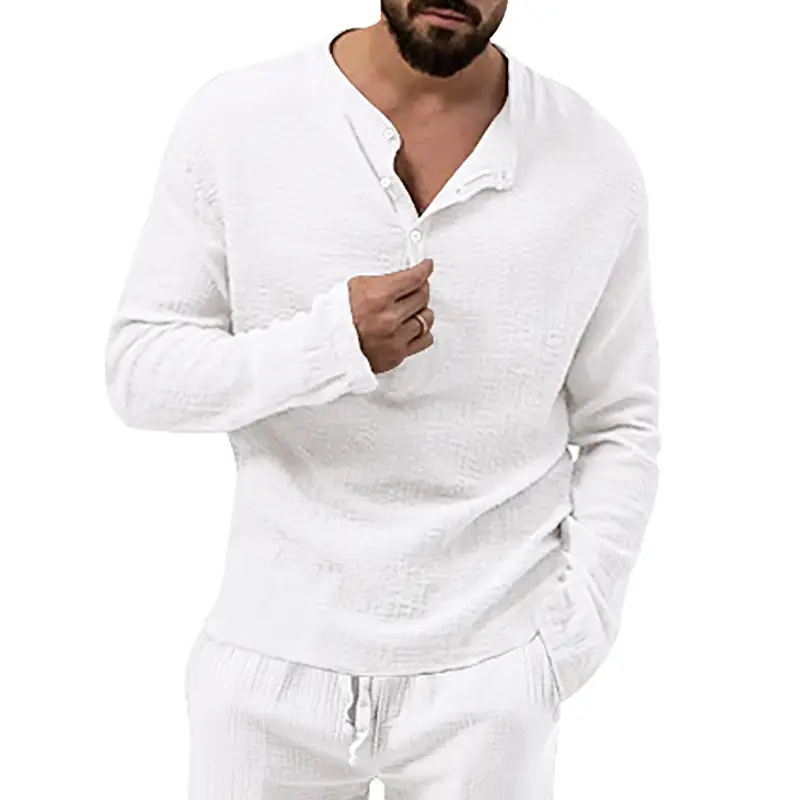 Men's Long Sleeve Button V-Neck T-Shirt Black — feature 17