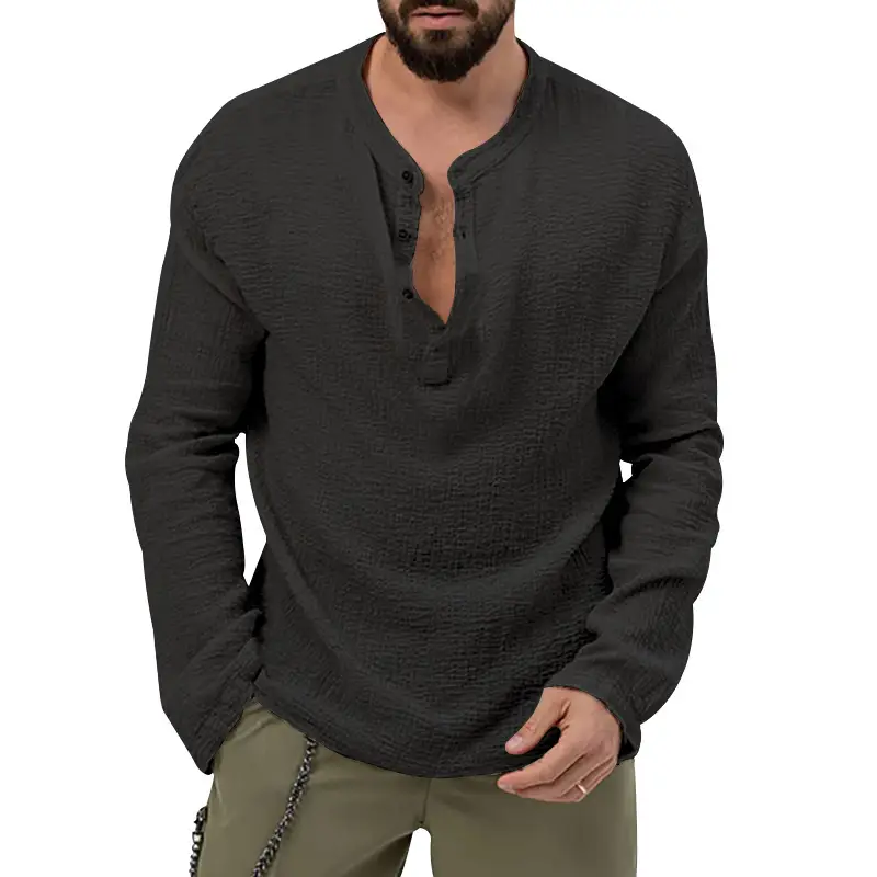 Men's Long Sleeve Button V-Neck T-Shirt Black — feature 18