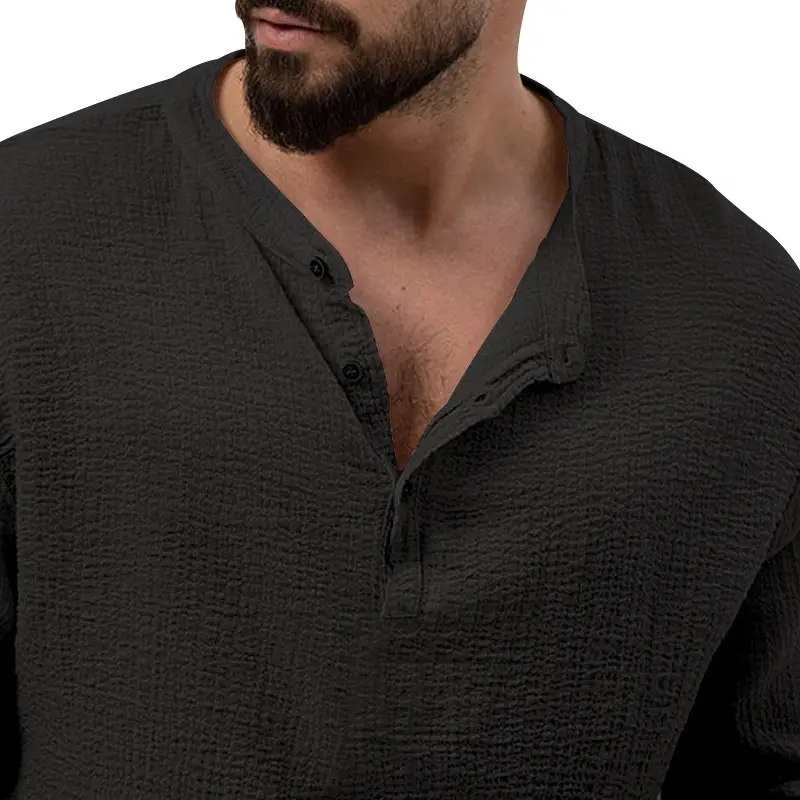 Men's Long Sleeve Button V-Neck T-Shirt Black — feature 19
