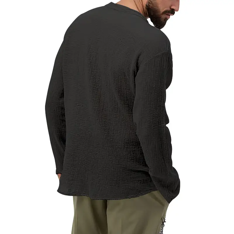 Men's Long Sleeve Button V-Neck T-Shirt Black — feature 20