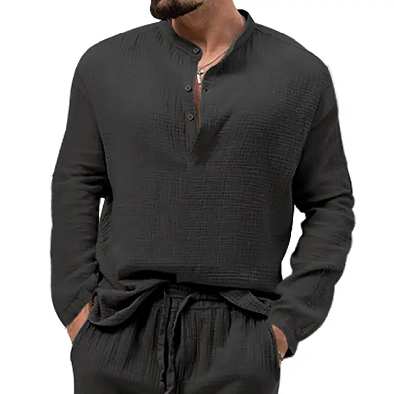 Men's Long Sleeve Button V-Neck T-Shirt Black — feature 21