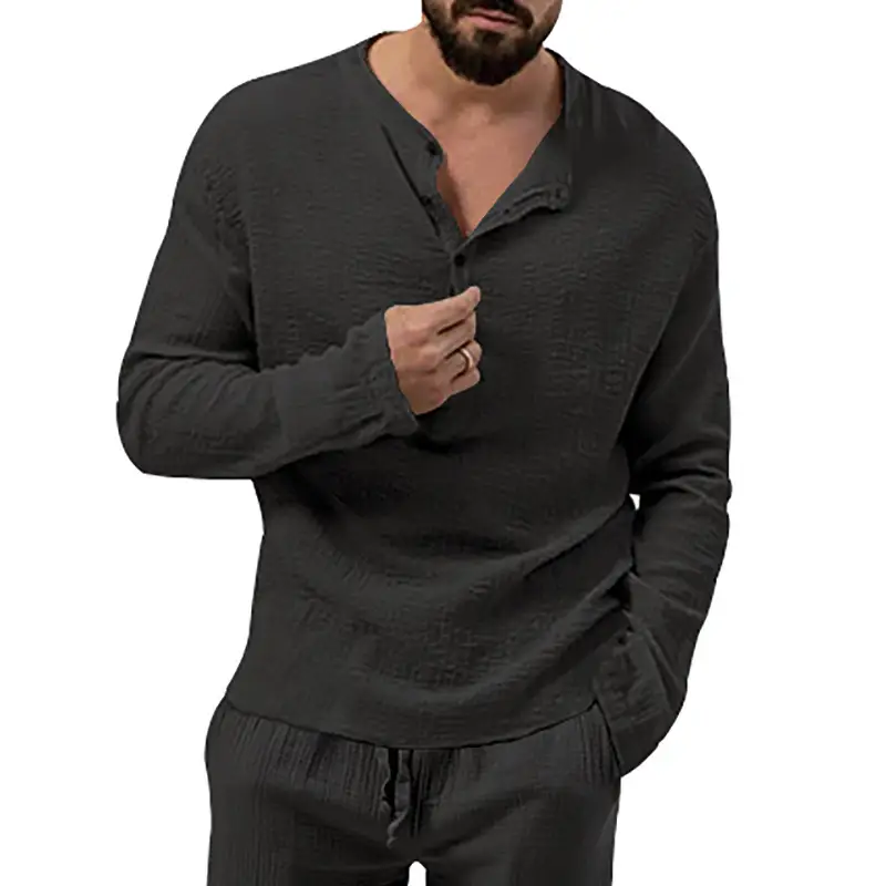 Men's Long Sleeve Button V-Neck T-Shirt Black — feature 22