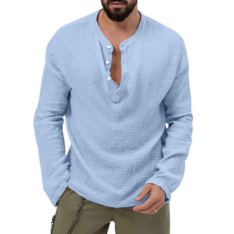 Men's Long Sleeve Button V-Neck T-Shirt Black — feature 23