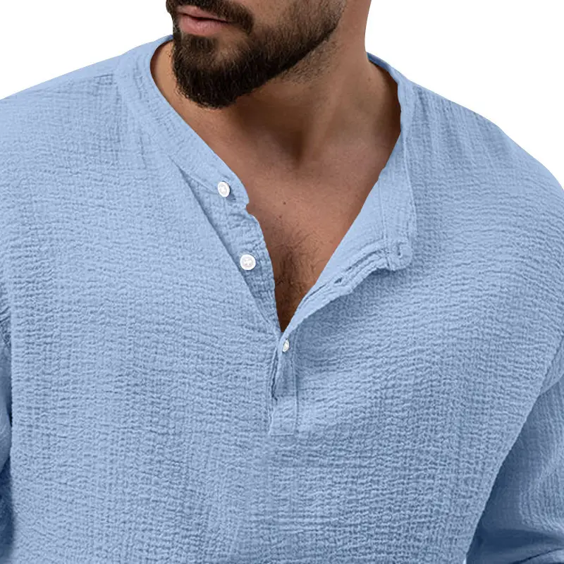 Men's Long Sleeve Button V-Neck T-Shirt Black — feature 24