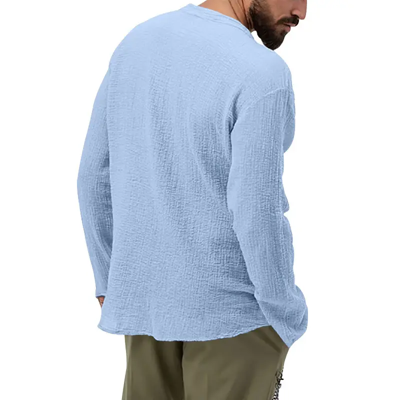 Men's Long Sleeve Button V-Neck T-Shirt Black — feature 25