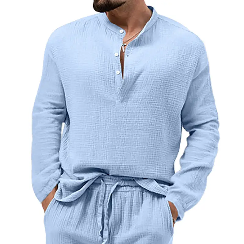 Men's Long Sleeve Button V-Neck T-Shirt Black — feature 26